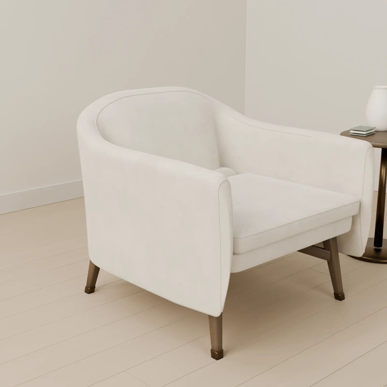 Ivory VELA lounge chair shown in three-quarter view with smoked-ash legs and satin bronze ferrules.